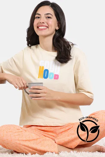 Buy Zivame Pixel Play Knit Cotton Pyjama Set - Mock Orange